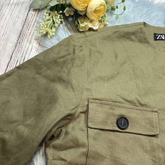 NWT Zara Cropped Linen Blend Jacket with Contrast Cuffs Sz S - Picture 4 of 9